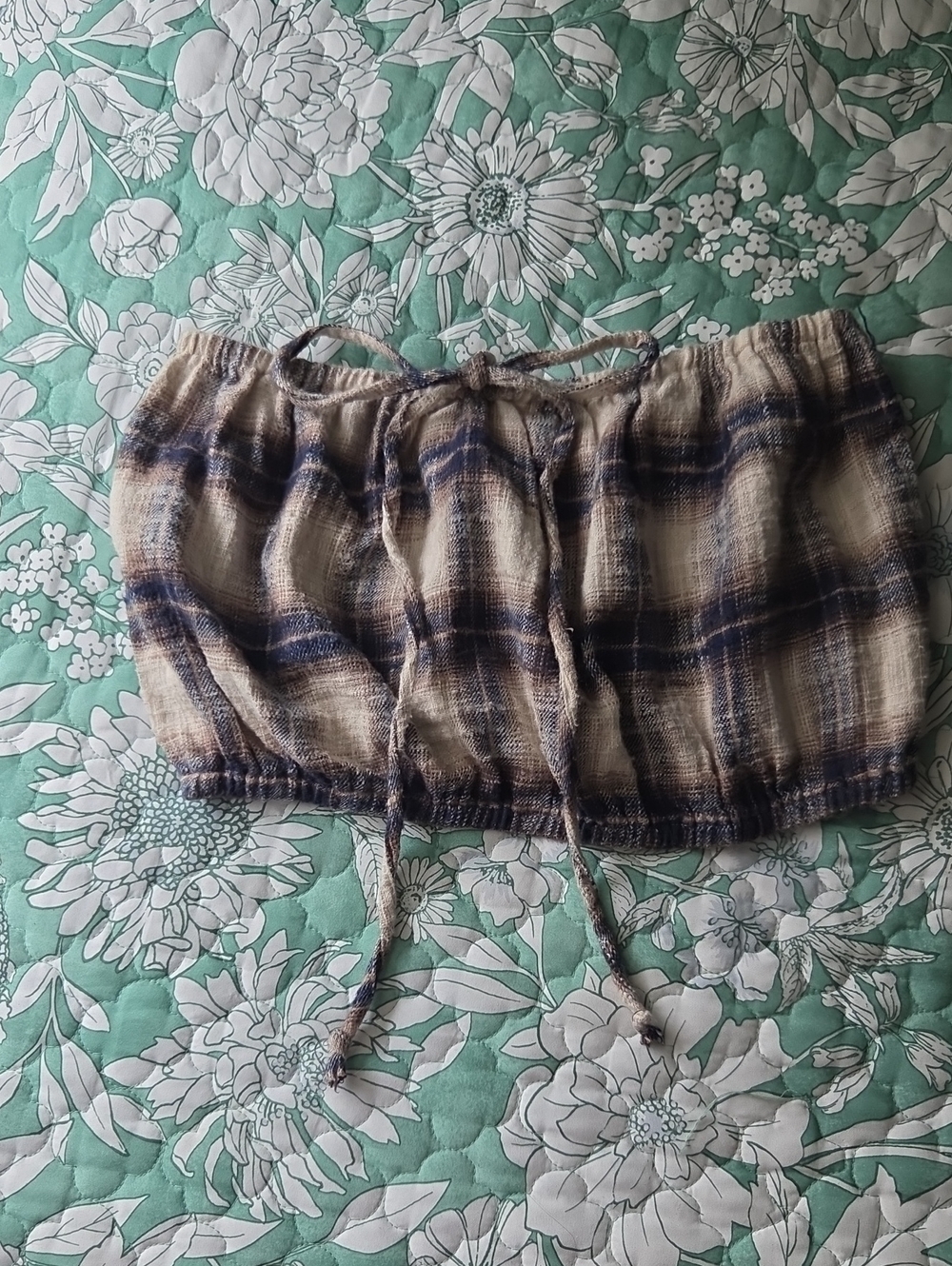 Vintage Beige and Navy Flannel Crop Top